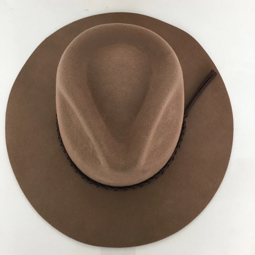 Banana Republic Boho Wool Felt Hat Tan Dark Brown Braided Leather Hat Band
